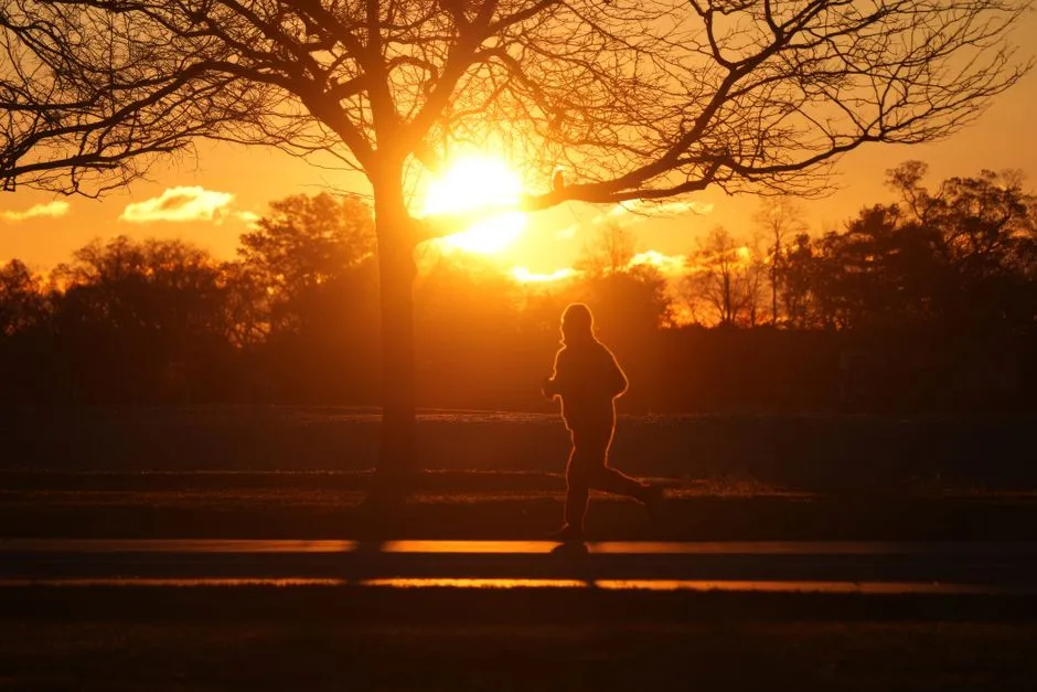 Alergător pe o alee de parc, la căderea serii, cu veston reflectorizant